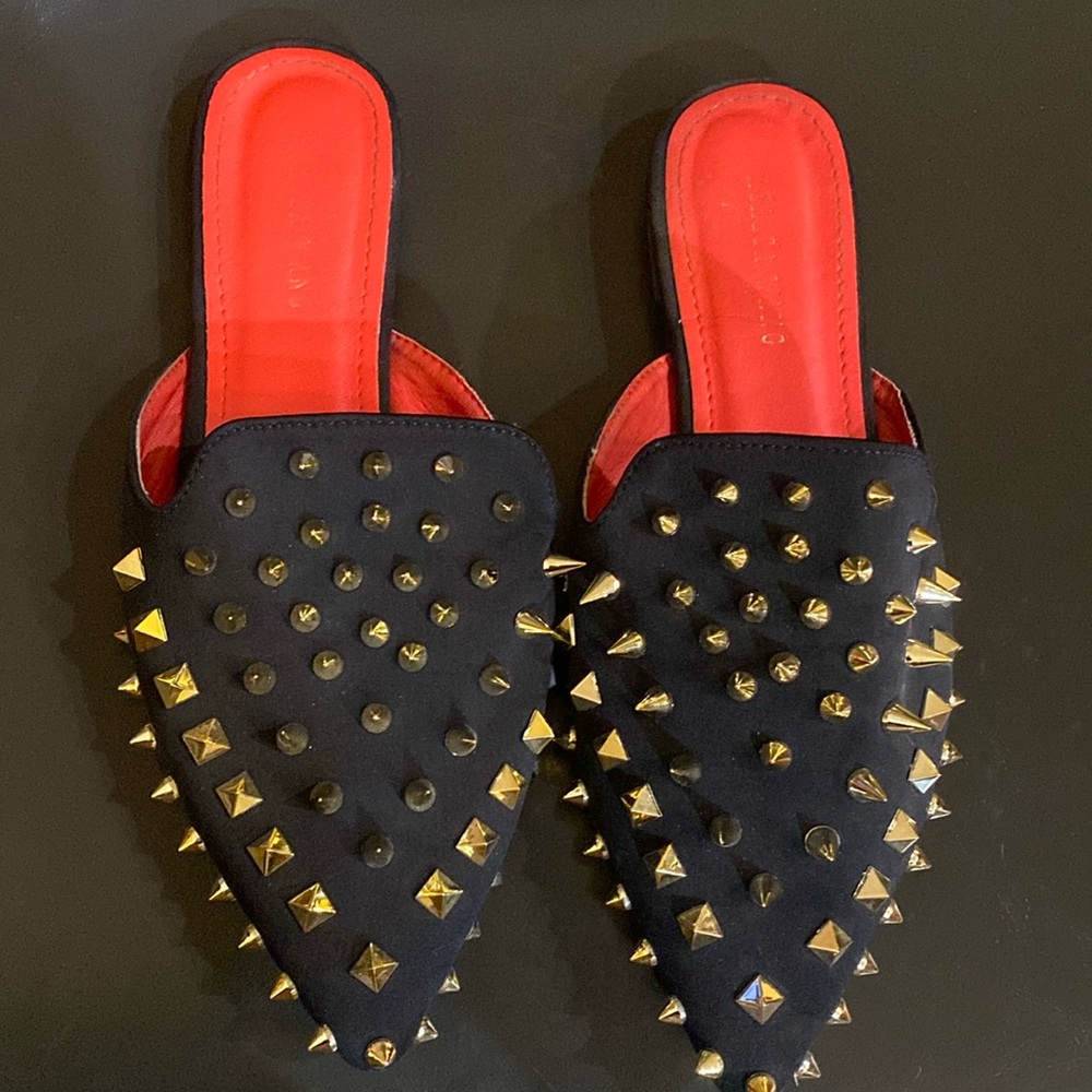 Azalea Wang gold spike studded mules